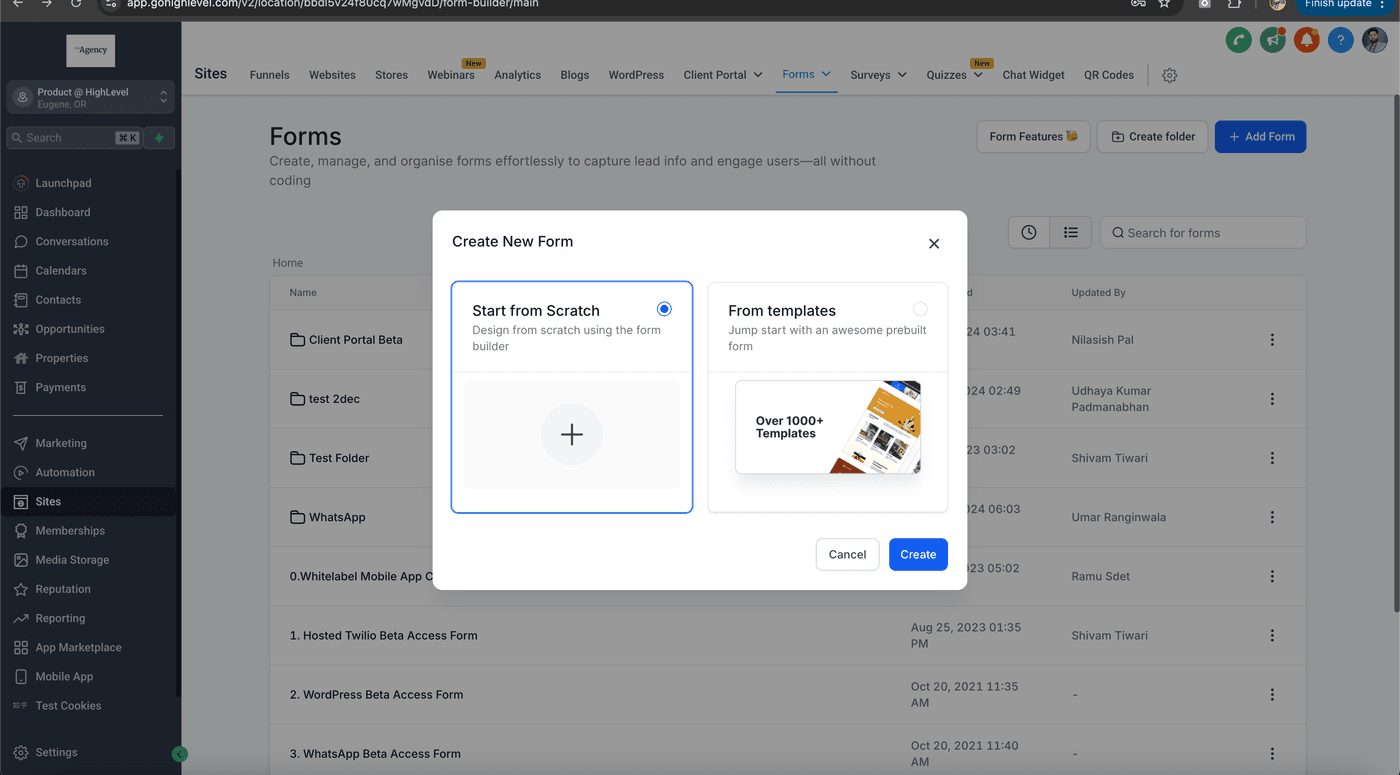 The form builder with drag-and-drop fields and a settings panel