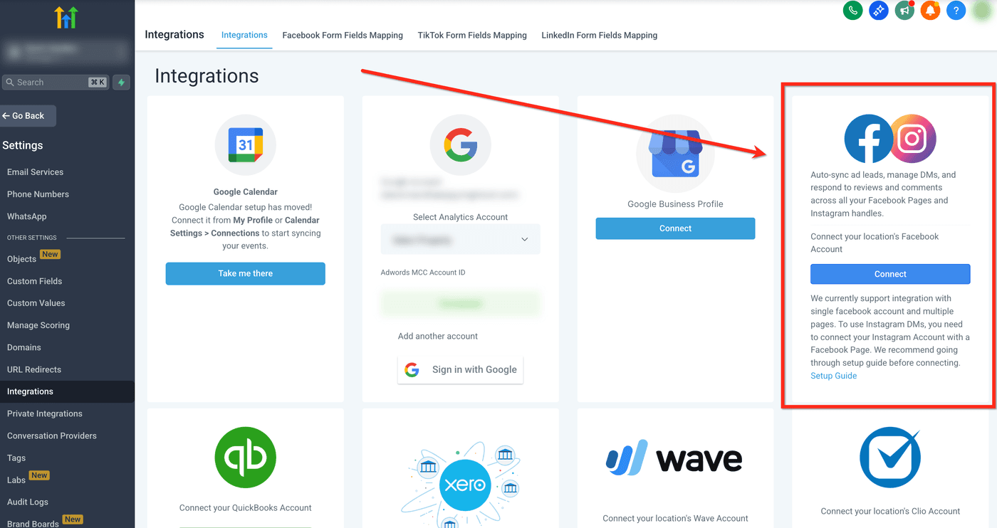 The Facebook connection screen with an ad account and page selected