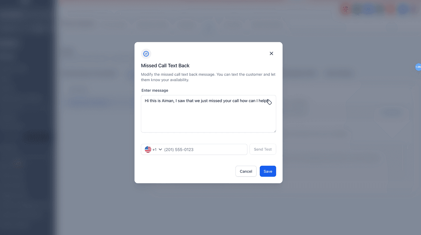 The Missed Call Text Back settings with the toggle and auto-reply message