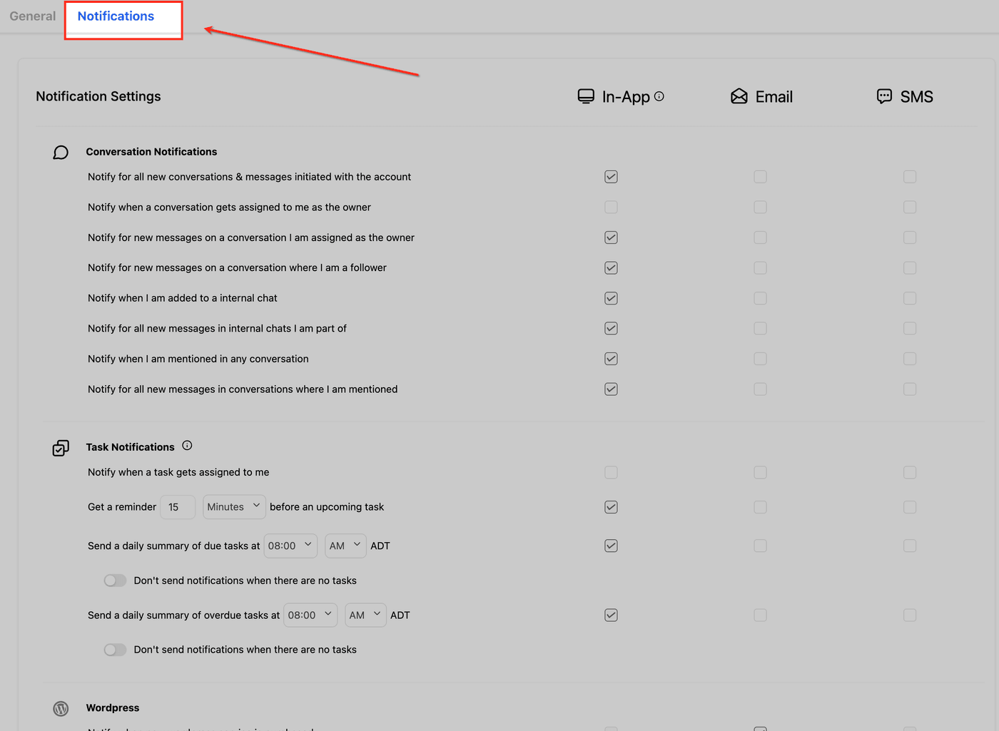 The notifications section of the profile settings with toggles for email, in-app and push alerts