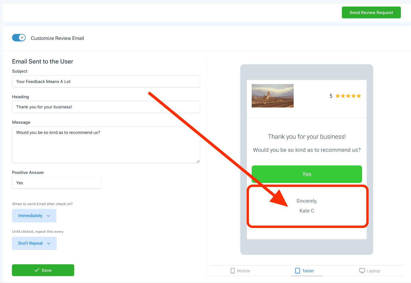 The Reviews tab showing incoming reviews with a reply option
