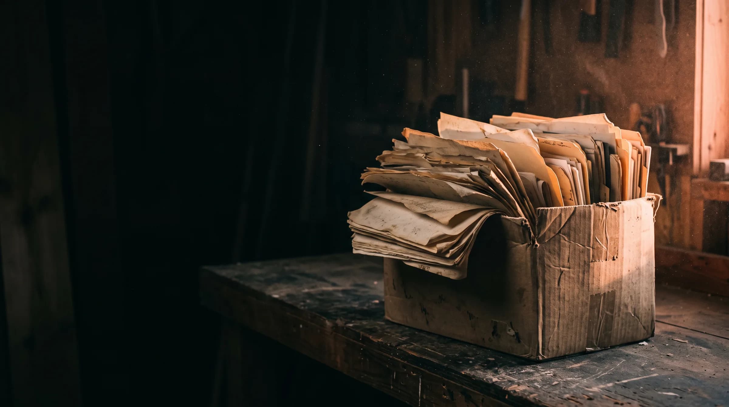 A box of old paper estimates on a workbench